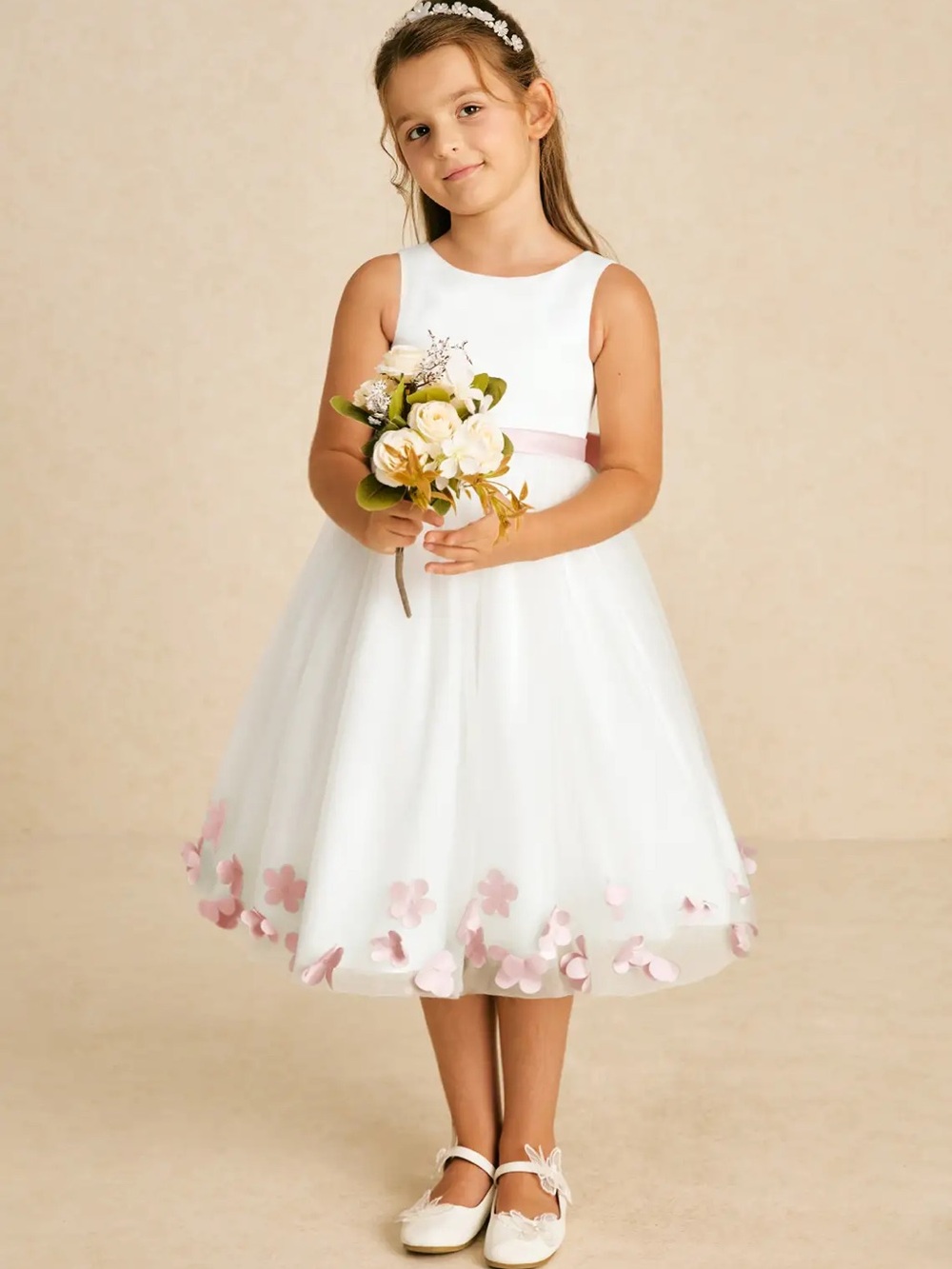 Ivory Flower Appliqué Tulle Flower Girl Dress with Pink Sash